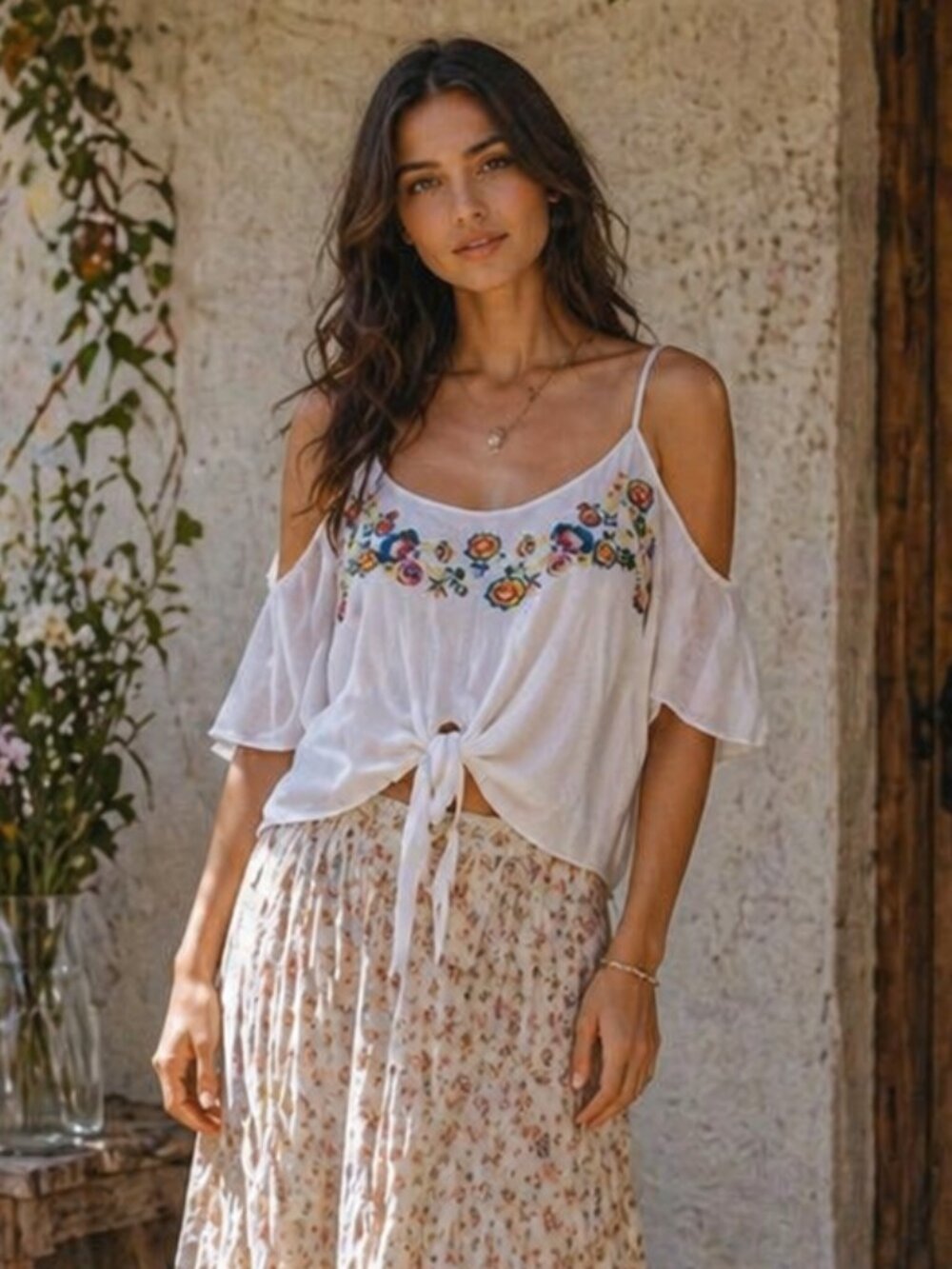 Polly & Esther White Floral Blouse Open Shoulder Tie Front Small
